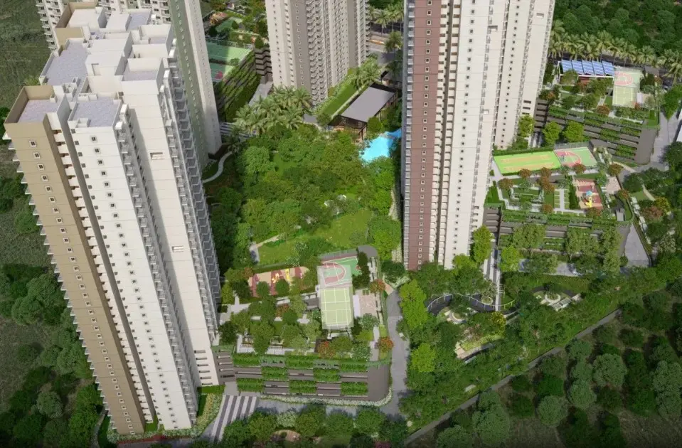 Aerial view of the three Cloud Forest towers over the landscaped grounds at Kadugodi, Whitefield Aerial view of the three Cloud Forest towers over the landscaped grounds at Kadugodi, Whitefield